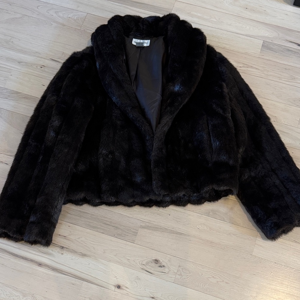 Newport News-Y2K Dark Brown Faux Fur Jacket Coat-L-Old Money
